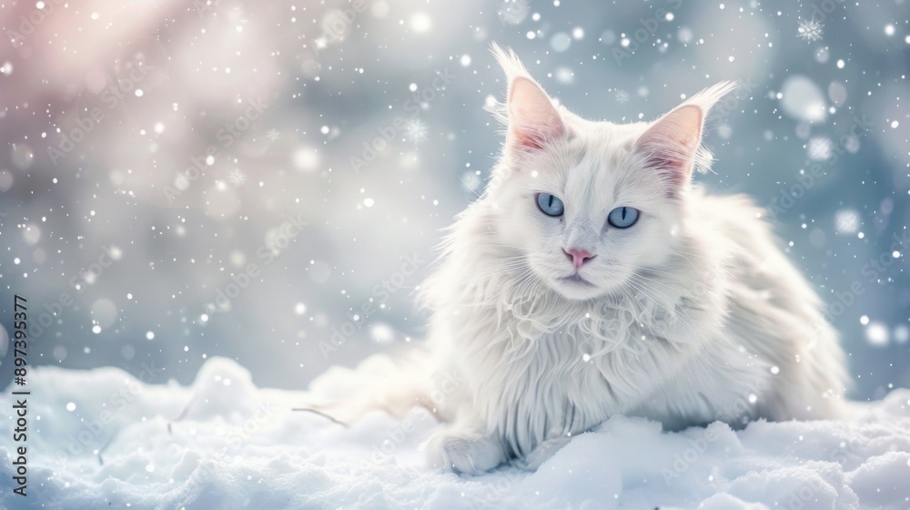 Fototapeta premium White Cat in Winter Wonderland