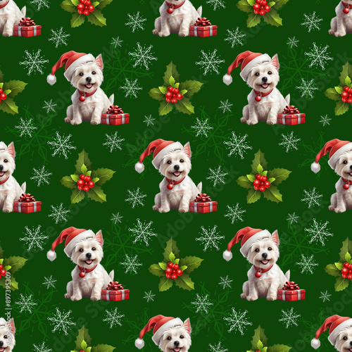 christmas seamless pattern with westie terrier in christmas hat with red gift and snowflake