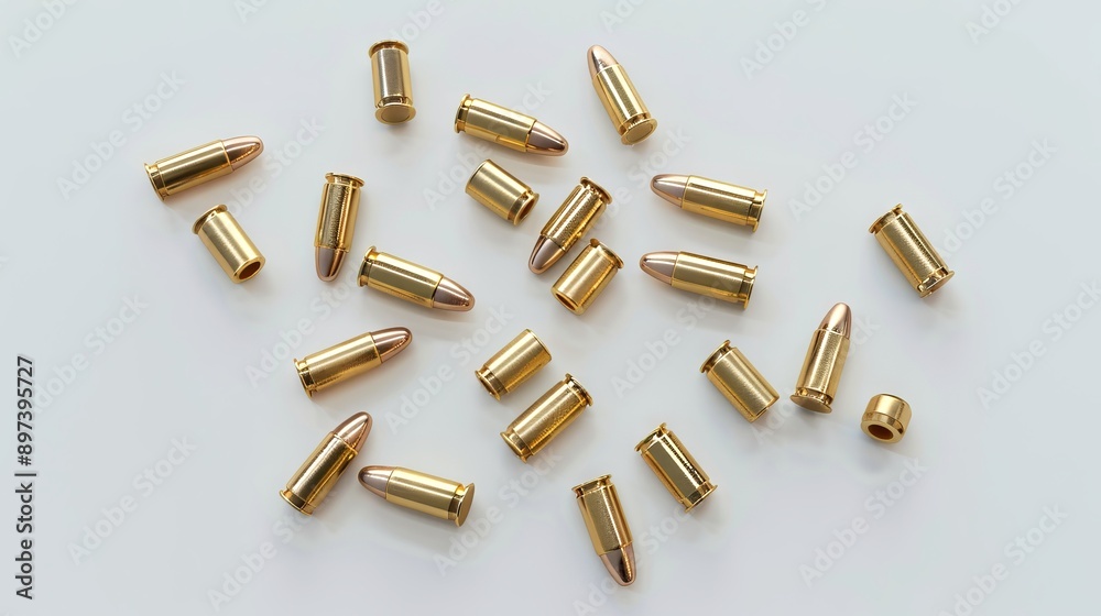 Scattered bullets on a white background. Concept of ammunition, firearm safety, military gear, crime investigation Scattered bullets on a white background. Concept of ammunition, firearm safety, military gear, crime investigation