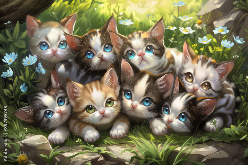 Adorable litter of kittens cuddling in a sunlit garden Adorable litter of kittens cuddling in a sunlit garden