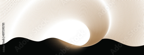 Vector illustration featuring an oceanic wave with a shimmering pattern of glowing gold particles. The dynamic design combines gold with a black and white background for a striking graphic effect