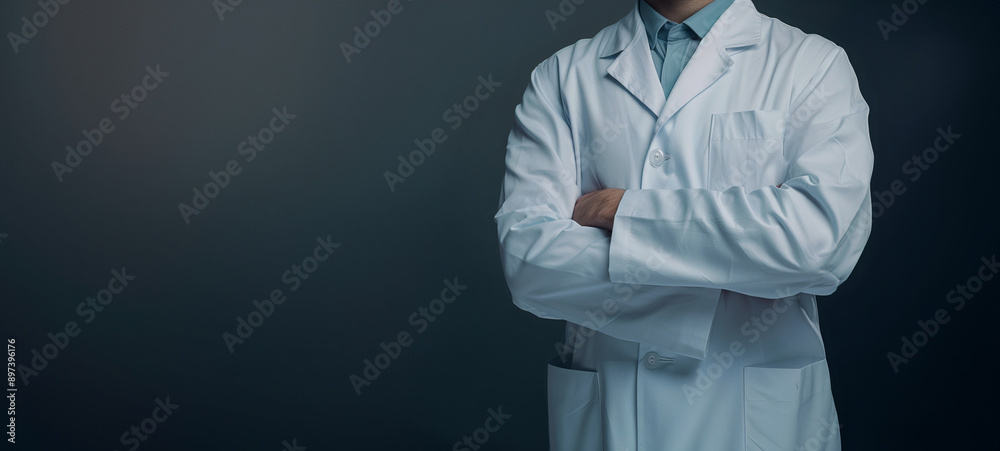 A male doctor in a white coat standing with arms crossed on a dark background, representing a concept for the medical industry A male doctor in a white coat standing with arms crossed on a dark background, representing a concept for the medical industry