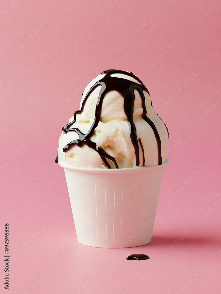 Vanilla ice cream in a paper cup mockup, with chocolate topping, on a pink background Vanilla ice cream in a paper cup mockup, with chocolate topping, on a pink background