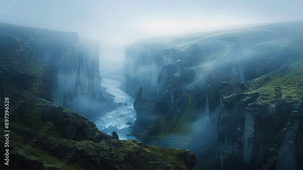 Misty Canyon with a Flowing River Misty Canyon with a Flowing River