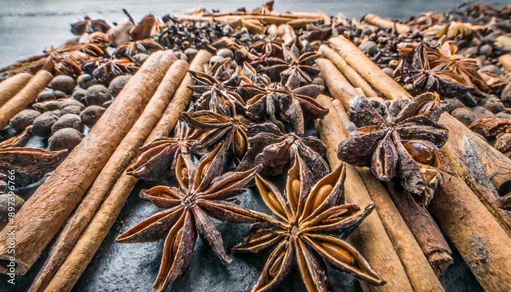 Lots of three spices for mulled wine and star anise, cinnamon and clove Lots of three spices for mulled wine and star anise, cinnamon and clove