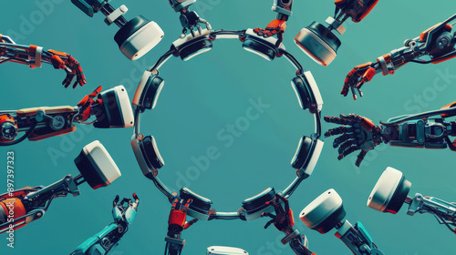 Clean, minimalist poster with VR headsets, cellphones, and robotic arms forming a circular pattern, symbolizing technological unity. photo