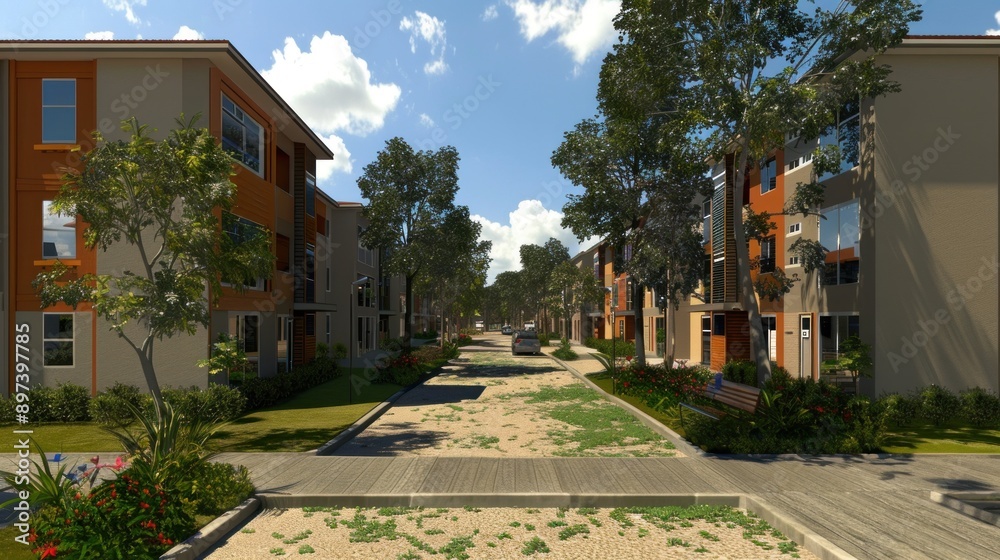 Generate a photo realistic image of urban green housing projects designed with sustainability and energy efficiency in mind; ensure the image is of high resolution for clear and detailed quality Generate a photo realistic image of urban green housing projects designed with sustainability and energy efficiency in mind; ensure the image is of high resolution for clear and detailed quality