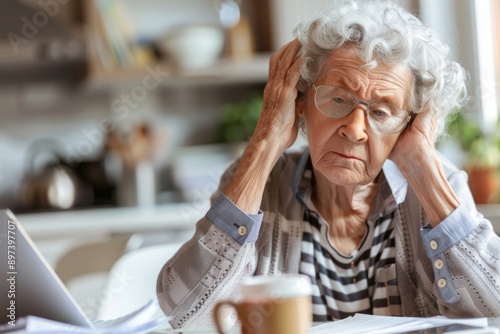 Elderly woman concentrating on paperwork with laptop and coffee at home