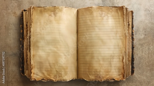 Vintage bookstyle notebook with worn pages and classic fonts, ample copy space photo