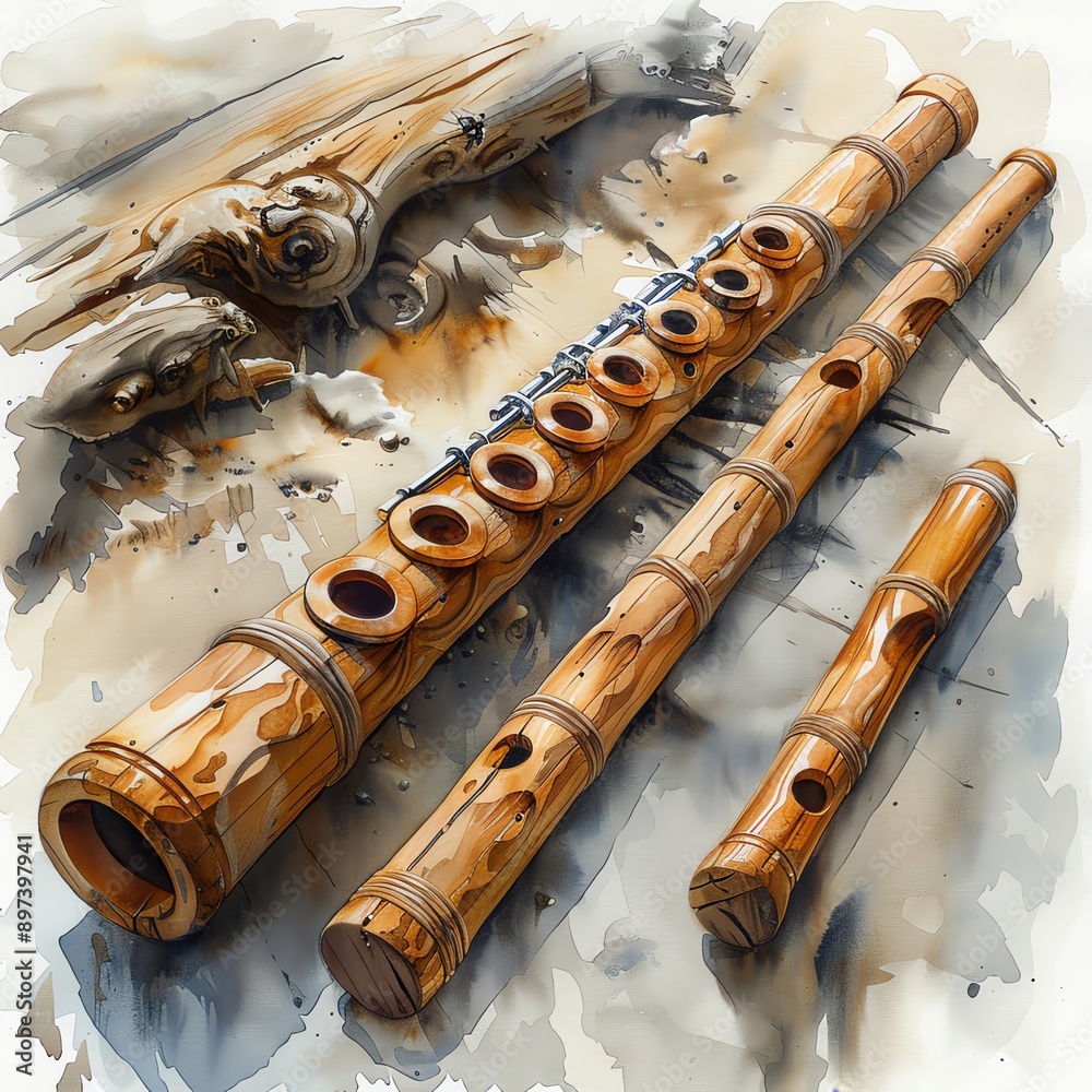 Naklejka premium A watercolor depiction of a wooden flute with delicate carvings