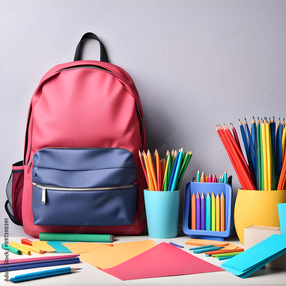 Back to School, Backpack with different colorful stationery on table. Back to School, Backpack with different colorful stationery on table.