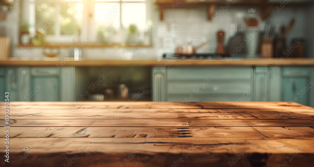 Empty old wooden table with kitchen in background Empty old wooden table with kitchen in background