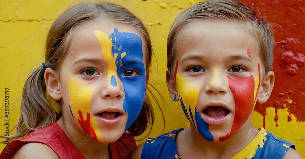 portrait of a boy and girl with their faces covered in bright, playful paint portrait of a boy and girl with their faces covered in bright, playful paint