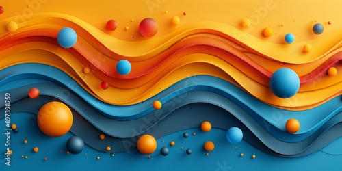 Vibrant abstract waves and 3D spheres create energetic textures, great for modern art and design enthusiasts