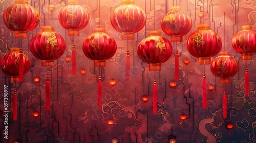 Multiple red Chinese lanterns with red tassels at the top, yellow flags between the lanterns, faint circular background patterns, red decorative corner lines, small red coin-like symbols interspersed