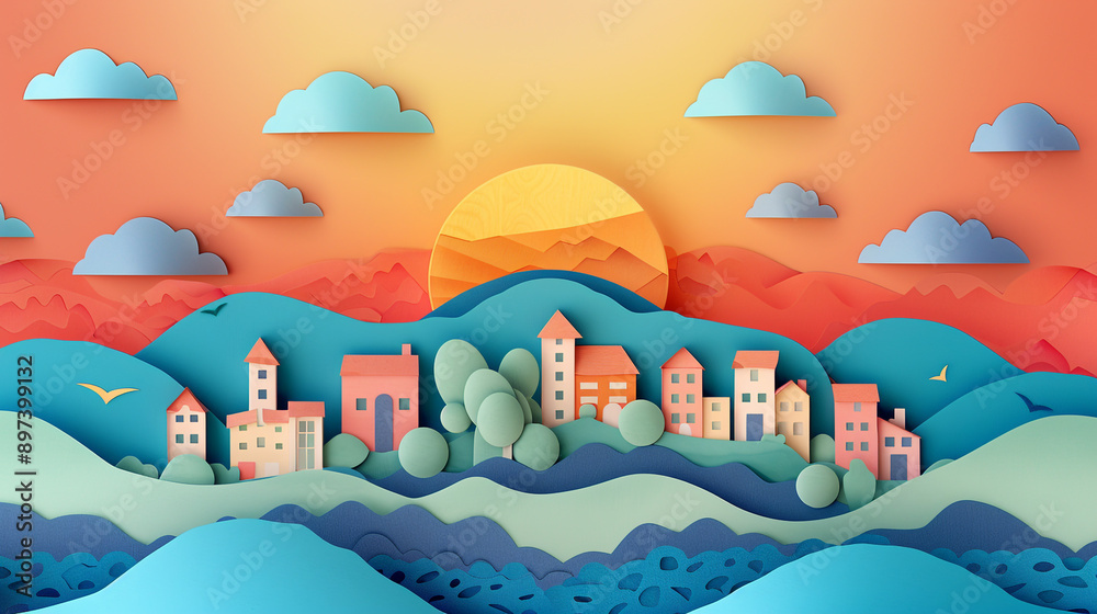 Fototapeta premium Urban countryside landscape city village and sea bay with sunset. Paper art craft style
