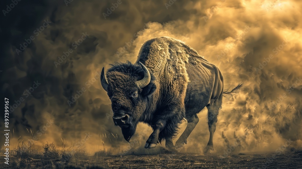 Fototapeta premium Charging Bison in Dust Storm