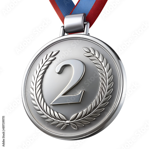 silver medal with ribbon on transparent background
