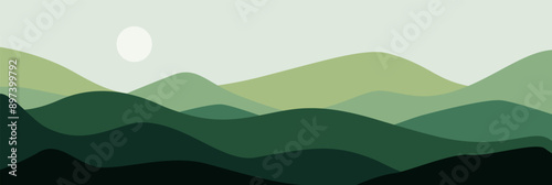 Abstract nature landscape background. Modern horizontal poster with mountains moon sun sky, contemporary wallpaper art print decoration. Vector illustration