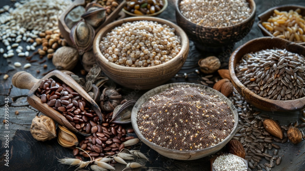 Assortment of oriental spices in a wooden dish. Ingredients containing iron and dietary fiber, natural sources of ferrum, healthy lifestyle, food and nutrition. Assortment of oriental spices in a wooden dish. Ingredients containing iron and dietary fiber, natural sources of ferrum, healthy lifestyle, food and nutrition.