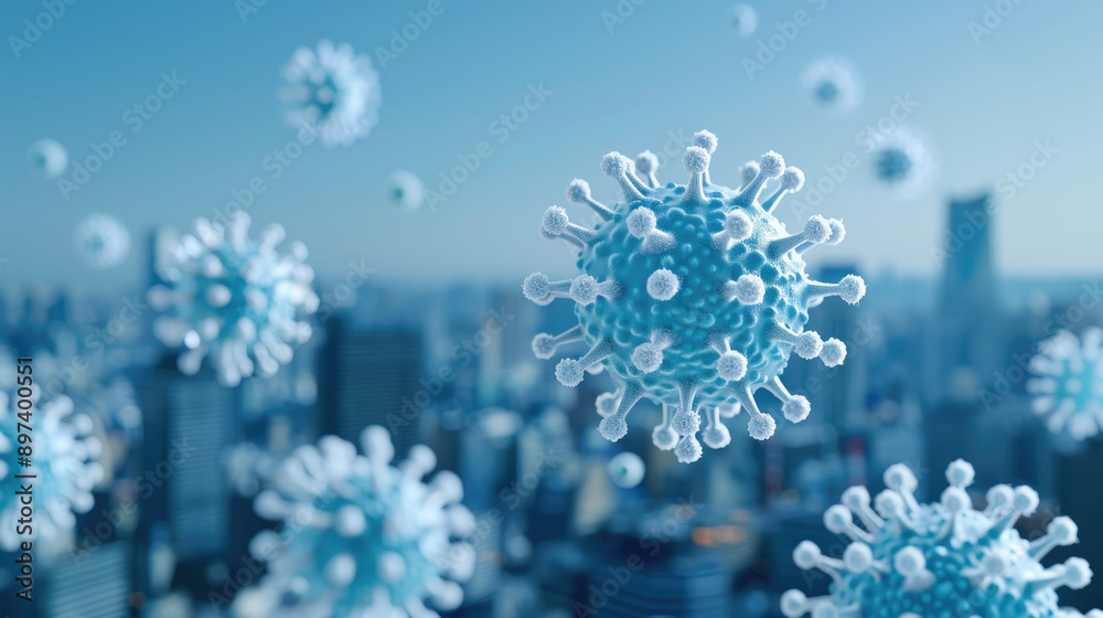 Virus particles in a modern cityscape, symbolizing health and science related themes. Virus particles in a modern cityscape, symbolizing health and science related themes.