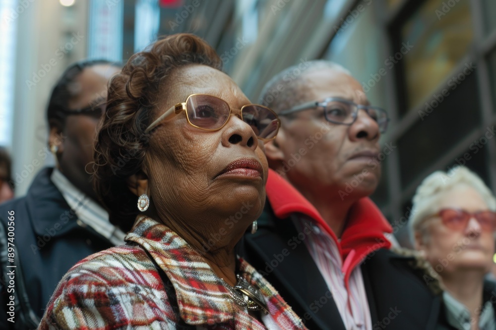 Senior black woman looking up with hope and determination, surrounded by other people