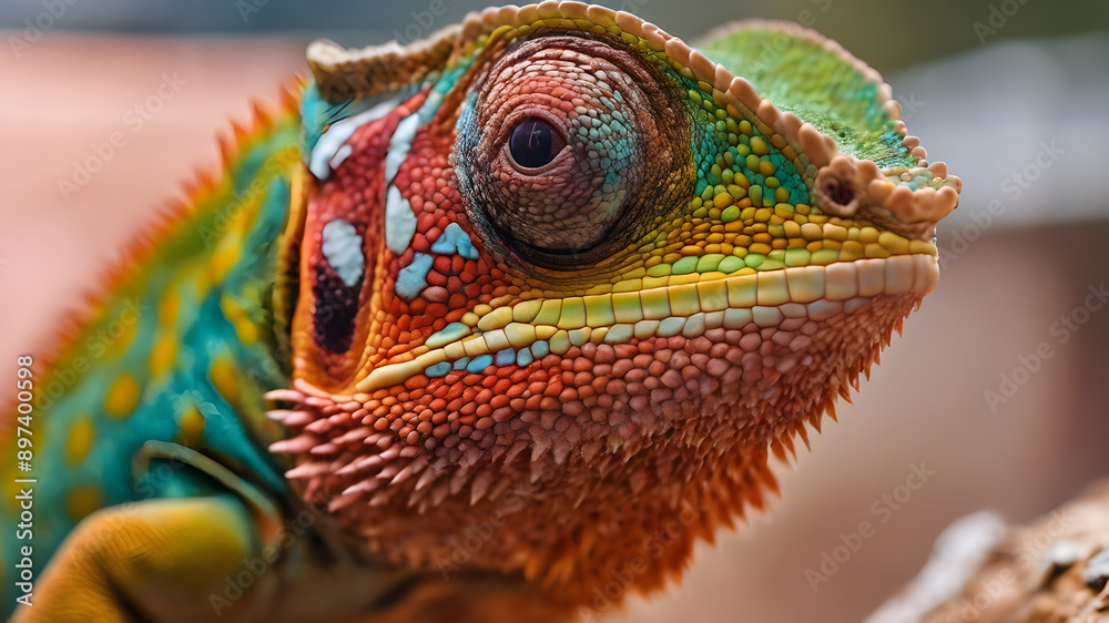 Obraz premium Close-up of a chameleon's skin with changing colors. Generative AI
