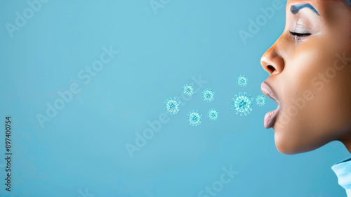 Profile of a woman exhaling with digital representations of viruses, symbolizing health and wellness in a modern context.