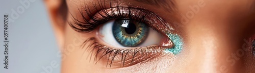Closeup of a model s eye with glittery eyeshadow and long lashes, beauty, captivating gaze