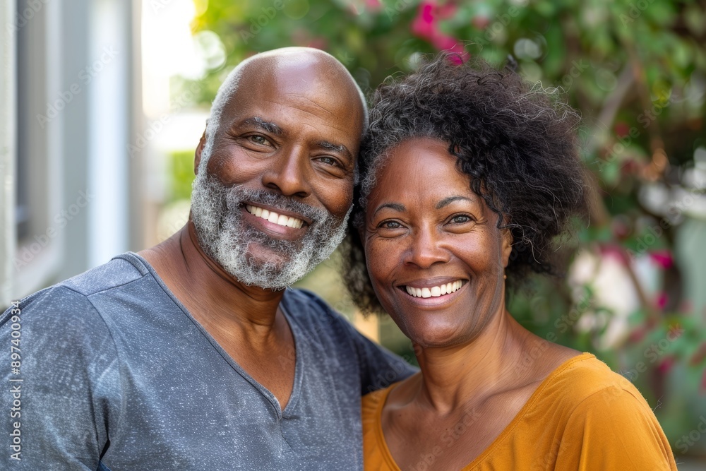 Portrait of a glad multiethnic couple in their 40s smiling at the camera Portrait of a glad multiethnic couple in their 40s smiling at the camera