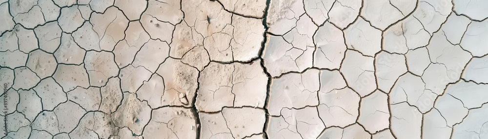 Fototapeta premium Close-up view of cracked dry soil texture, showcasing the natural patterns of drought-affected land in an arid environment.