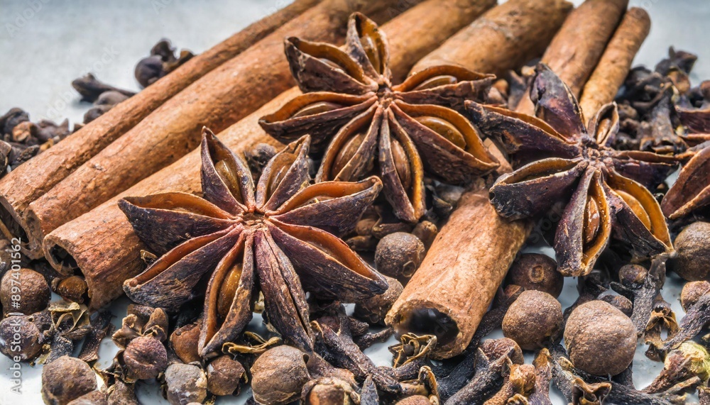 Lots of three spices for mulled wine and star anise, cinnamon and clove Lots of three spices for mulled wine and star anise, cinnamon and clove