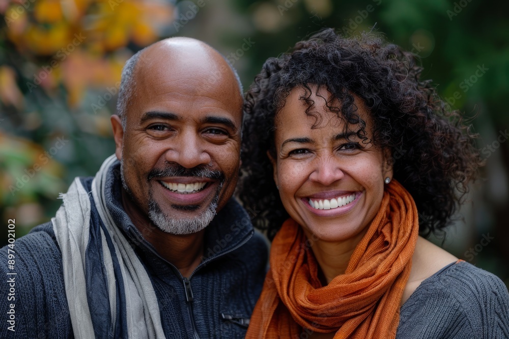Portrait of a joyful mixed race couple in their 40s smiling at the camera Portrait of a joyful mixed race couple in their 40s smiling at the camera