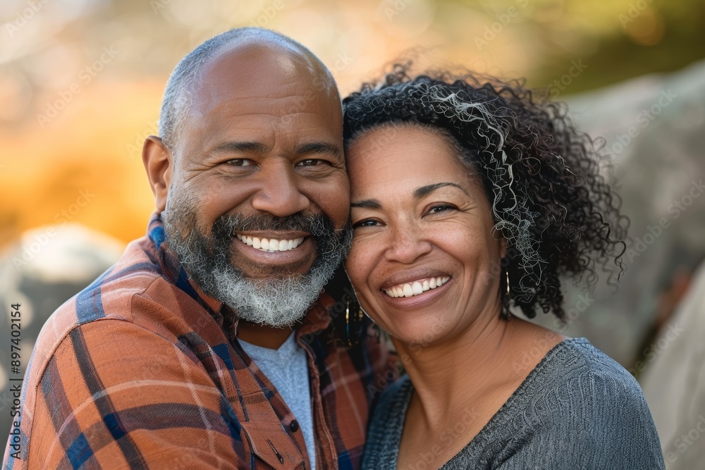 Portrait of a joyful mixed race couple in their 40s smiling at the camera Portrait of a joyful mixed race couple in their 40s smiling at the camera