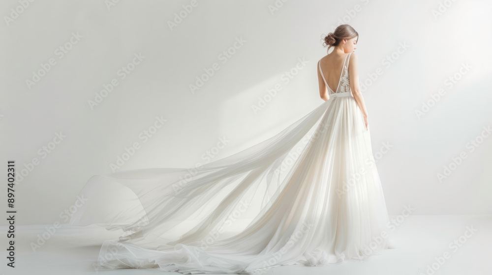 Naklejka premium Bride in elegant long wedding dress standing by a window. Concept of bridal attire, elegance, wedding day. Copy space