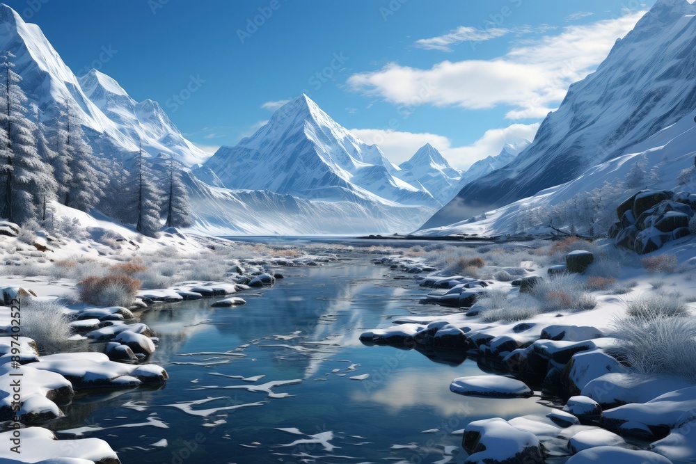 A snowy landscape with a frozen river winding through A snowy landscape with a frozen river winding through