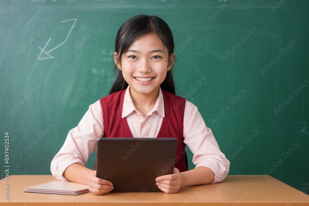Young japanese schoolgirl student girl in school uniform sits at desk, smiling and using tablet in front of green chalkboard Young japanese schoolgirl student girl in school uniform sits at desk, smiling and using tablet in front of green chalkboard