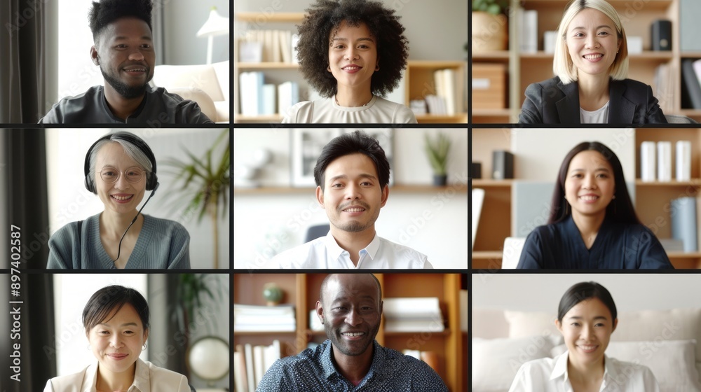 Diverse group of professionals in a virtual meeting. Concept of remote work, multicultural team, corporate communication. People are communicating via video conference Diverse group of professionals in a virtual meeting. Concept of remote work, multicultural team, corporate communication. People are communicating via video conference
