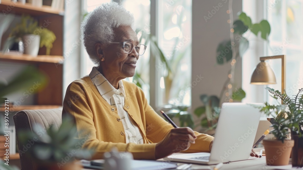 African American senior woman using laptop at Home Office. Concept of elderly connectivity, technology adoption, lifelong learning, remote work African American senior woman using laptop at Home Office. Concept of elderly connectivity, technology adoption, lifelong learning, remote work