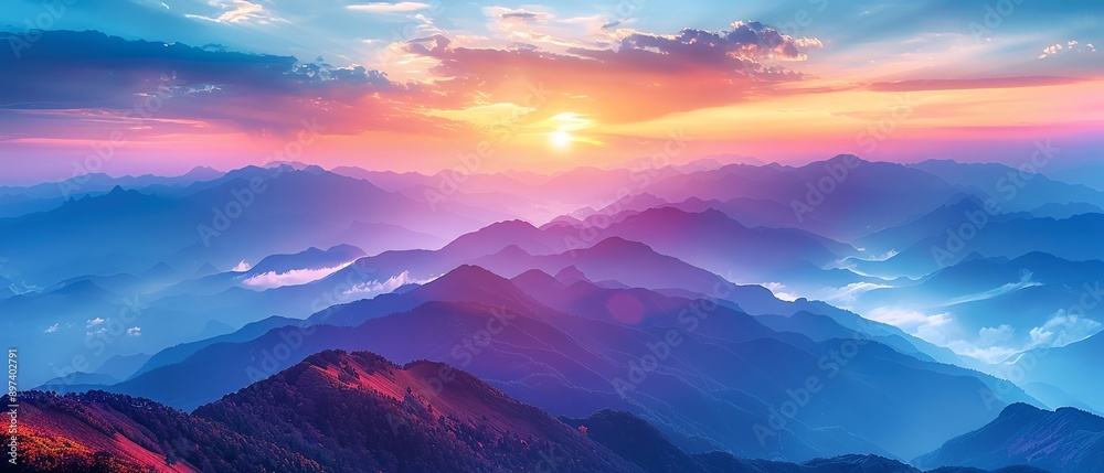 Scenic mountain range with sunset colors, ample copy space Scenic mountain range with sunset colors, ample copy space
