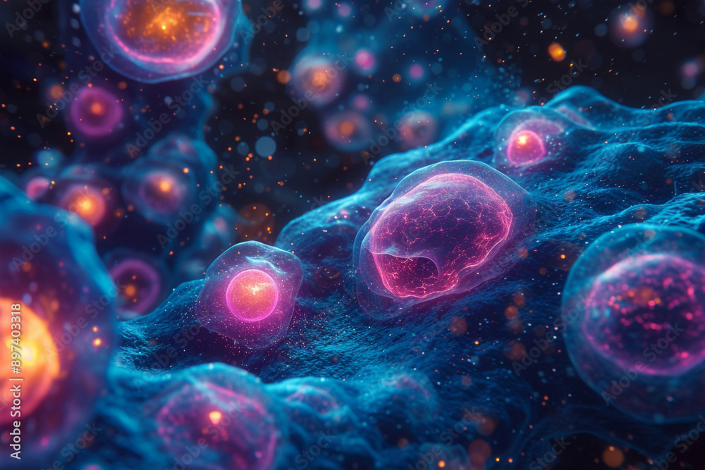 Different abstract colorful stem cell under microscope. A close-up under the microscope of stem cells growing Different abstract colorful stem cell under microscope. A close-up under the microscope of stem cells growing
