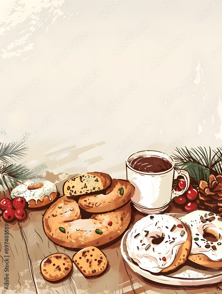 cookies and bread in an illustrator doodle graphic style