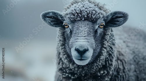 A breathtaking and detailed photo of a black sheep against a backdrop of snowy mountains. 