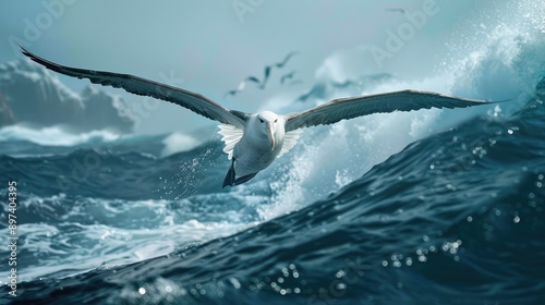 Majestic albatross gliding effortlessly above open ocean waves, showcasing its impressive wingspan and grace photo