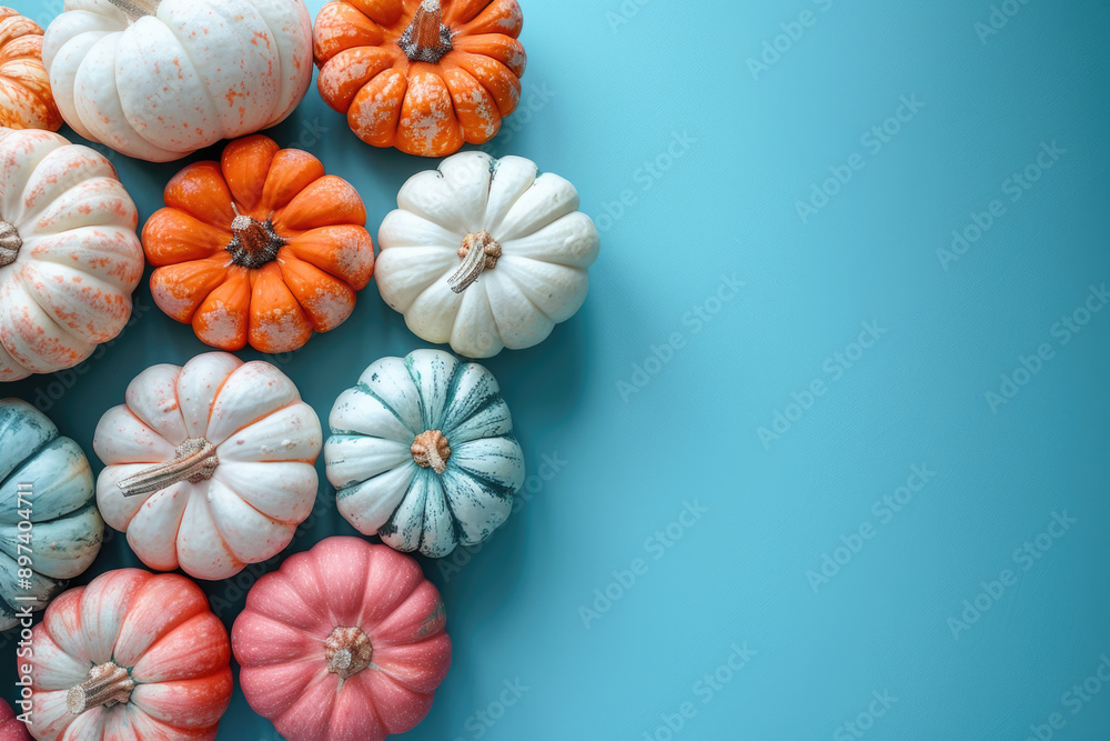 Colorful pumpkins on a blue background. Autumn, Thanksgiving festive background with space for text.