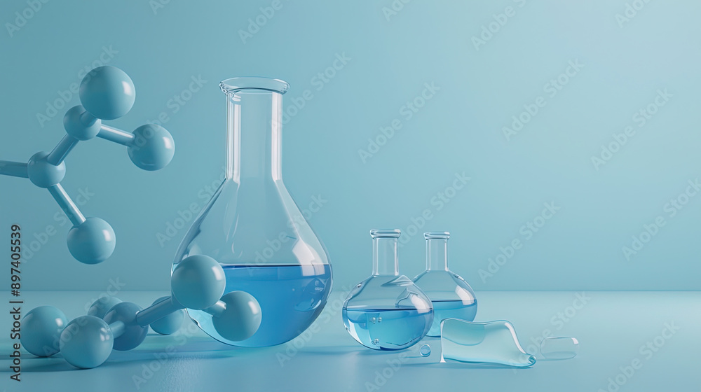 molecule structure model and a round glass beaker in chemistry laboratory molecule structure model and a round glass beaker in chemistry laboratory