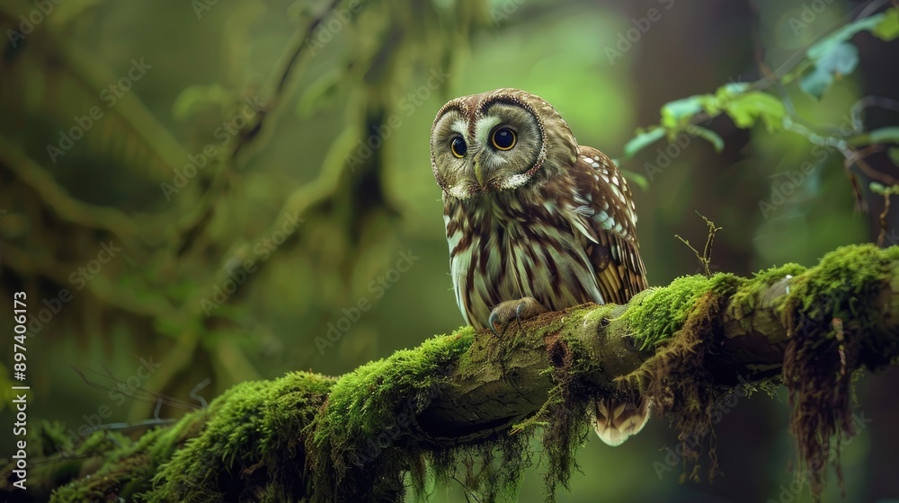 Owl perched on a moss-covered tree branch in a dense forest, showcasing its striking eyes and feather patterns Owl perched on a moss-covered tree branch in a dense forest, showcasing its striking eyes and feather patterns