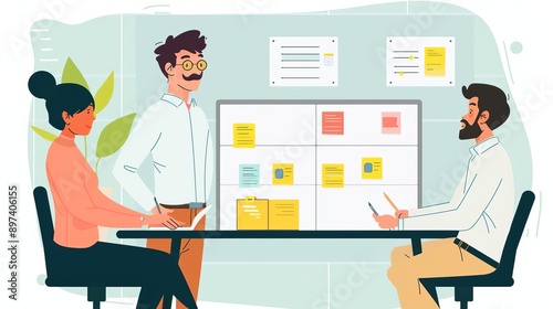Lean Six Sigma Quality Management Agile Methodology A team doing a stand-up meeting with a Scrum board