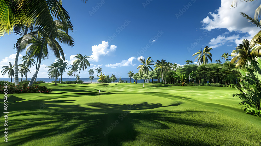 A lush green golf course with palm trees in the background A lush green golf course with palm trees in the background