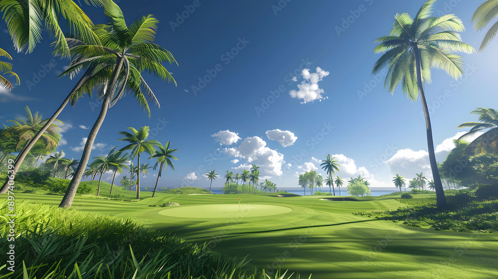 A lush green golf course with palm trees in the background A lush green golf course with palm trees in the background